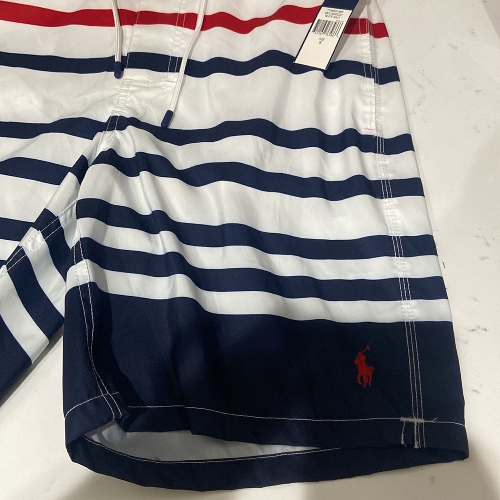 Polo Ralph Lauren Swim Trunks Mens Small Blue White Red Striped Board Shorts NWT - Picture 2 of 15